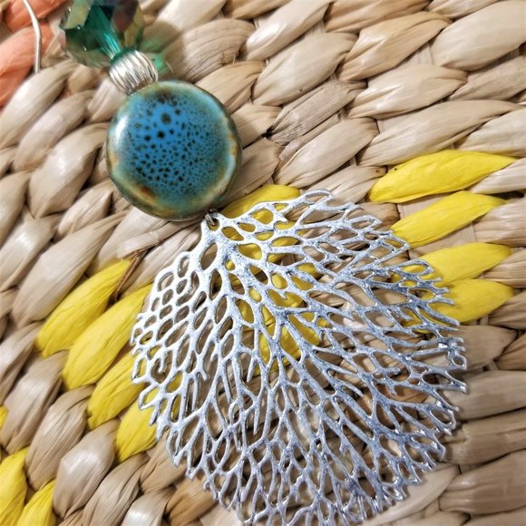 Artisan Hand Crafted Earrings Silver Leaf Teal Beaded Pierced - Picture 5 of 5